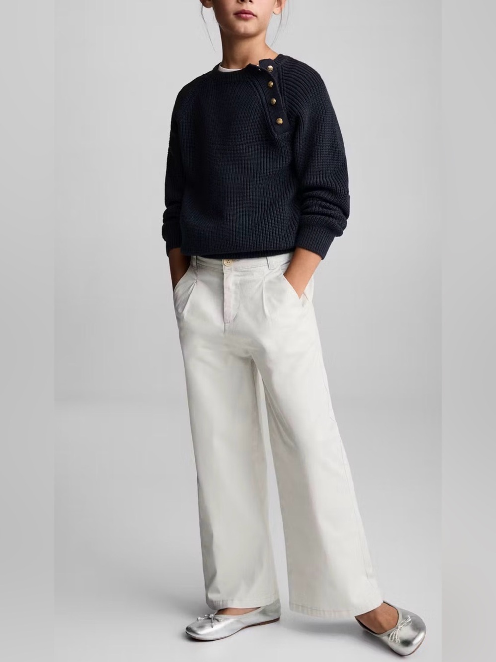 Mango Girls Navy Knit Sweater with Gold Buttons Detail (Size: 11-12)